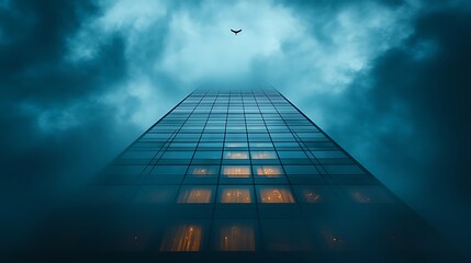 Fototapeta premium A tall glass building with lit windows rises into a stormy sky with a single bird flying above.