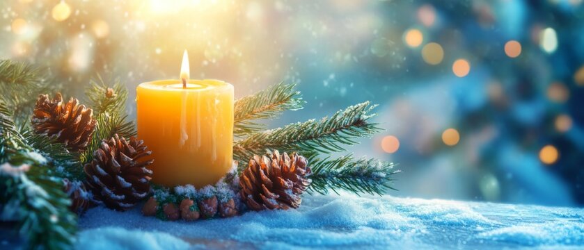 Festive christmas advent celebration holiday background banner greeting card - Golden yellow candle with pine branch and pine cones on table with snow, defocused background