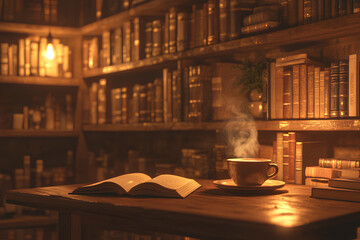 Cozy warm coffee shop with shelves of books and steaming coffee on rustic table under soft golden lighting
