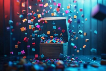 Dark room with open wooden chest overflowing with colorful cubes, creating chaotic and vibrant atmosphere of destruction.