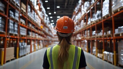A worker in a hard hat and safety vest walks down a warehouse aisle.