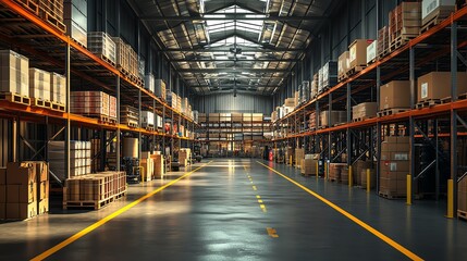 Fototapeta premium Empty warehouse with high shelves and boxes. Sunbeams illuminate the floor.