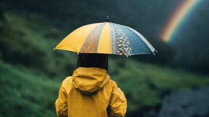 A person in a yellow raincoat stands under a colorful umbrella, gazing at a vibrant rainbow in a lush, rainy landscape, conveying a sense of wonder and tranquility.