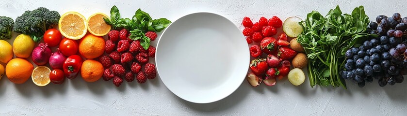 Vibrant arrangement of fresh fruits and vegetables with empty plate, perfect for healthy eating or culinary presentations.
