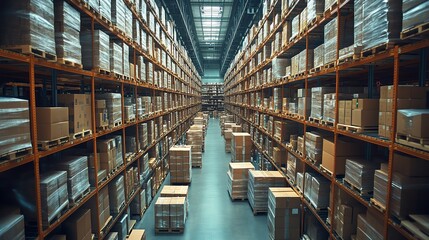A vast warehouse with high shelves stacked with boxes.  The aisles are empty and the lighting is bright.  A sense of order and efficiency.