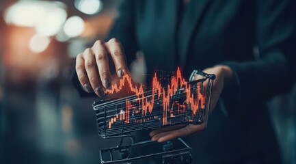 Business person analyzing market trends with a shopping cart filled with financial data in a modern office setting