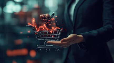 Business professional analyzing market trends with a digital shopping cart in a corporate environment during the evening