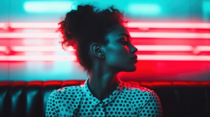 A silhouette of a woman with curly hair against a vibrant backdrop of neon lights, blending modern style and serene contemplation in a bustling nighttime ambiance.