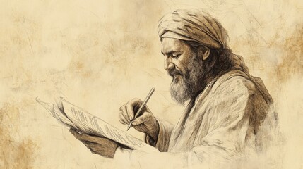 Debtor s Face Filled with Relief and Appreciation as He Writes a New Bill for Fifty Measures of Oil After the Shrewd Manager Reduces His Debt in the Biblical Parable