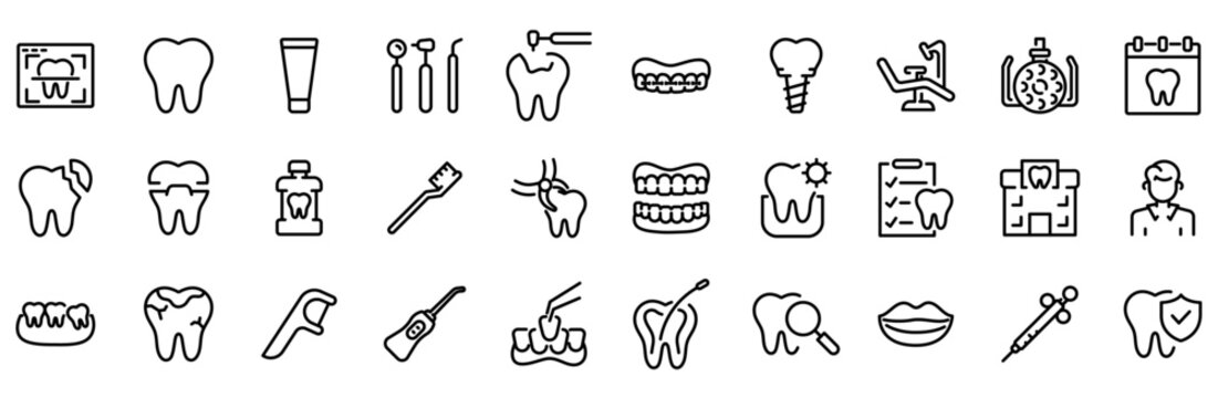 Set of 30 outline icons related to dental. Linear icon collection. Editable stroke. Vector illustration