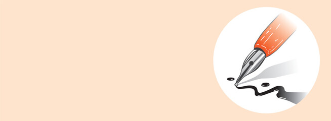 Rectangular banner with copy space and a small illustration of a fountain pen making an ink stroke on the far right