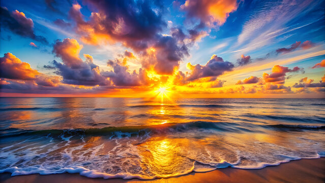 Vibrant Sunrise Over Calm Ocean for Hope and Renewal of New Year. Perfect for: New Year's Eve, Beach Celebrations, Sunrise Events