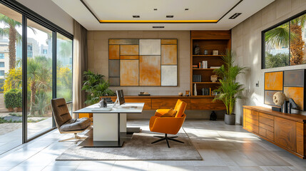 Fototapeta premium A minimalist workspace with geometric wall art, clean lines, and angular furniture, creating a modern and stylish environment.