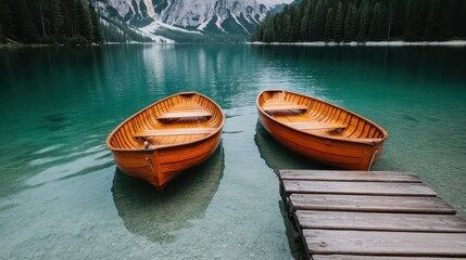Obraz premium Two wooden rowboats rest beside a dock on a crystal-clear lake, surrounded by forested mountains, reflecting the peacefulness of nature and scenic landscapes.