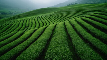 A vast expanse of lush green tea plantations with meticulously arranged rows, stretches into misty hills, depicting agricultural beauty and harmony with nature.