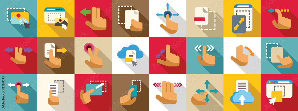 Poster drag drop icons set. large set of flat design style icons showing different ways of using fingers to