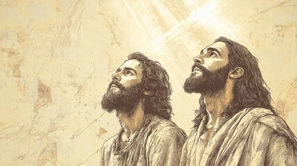 Fototapeta premium A biblical scene depicting the moment when the heavens open and a divine light shines down on Jesus as John the Baptist gazes up with awe and reverence during the baptism