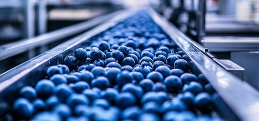 Fototapeta premium Fresh Blueberries on Metal Conveyor Belt in Blurred Factory Setting, Low Angle View Showing Depth and Ripeness