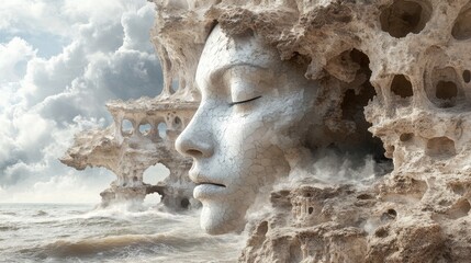 Obraz premium A serene rock formation shaped like a woman\'s face emerges from the ocean under a dramatic cloudy sky at sunrise