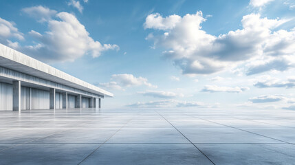 Obraz premium An empty concrete floor designed for a car park, set against a 3D rendering of an abstract building with mountains and a blue sky in the background.