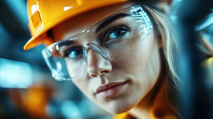 A female engineer wearing a hard hat and goggles is intensely focused on her task, exemplifying precision and dedication in a modern industrial setting.