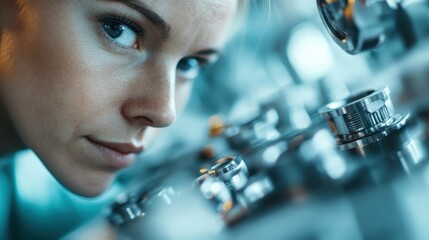 An engineer intently examines complex machine components, emphasizing the meticulous analysis and precision required in modern technological advancements.