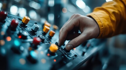 An expert hand adeptly maneuvers a control panel within a high-tech setting, embodying the modern interface of skill and precision in technological environments.