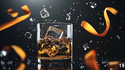 Naklejka premium Whiskey with Ice and Orange Twist