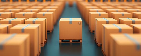 Wide-angle warehouse aisles view, neat arrangement, seamless operation, 3D illustration