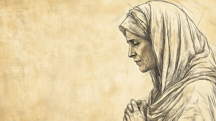 Fototapeta premium The Parable of the Persistent Widow A Tired but Determined Woman Pleading Earnestly Outside the Judge s House Clasping Her Hands in Supplication for Justice and Mercy