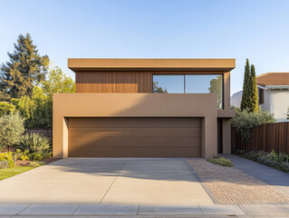 Modern architectural design of a residence with landscaped yard on a sunny day