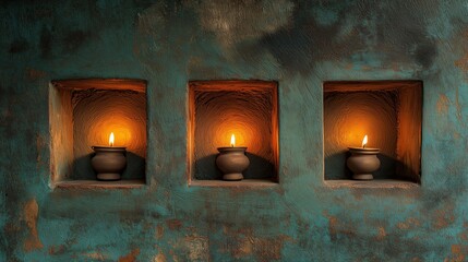 Happy Diwali, a wall with holes with Diwali lamps in them on a wall background