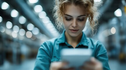 A focused woman operates a device in a factory setting, highlighting technological integration, industrial expertise, and the modern machinery landscape of production environments.