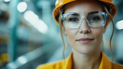 A smiling woman wearing safety glasses and an orange hard hat stands in an industrial facility, emphasizing safety and professionalism.