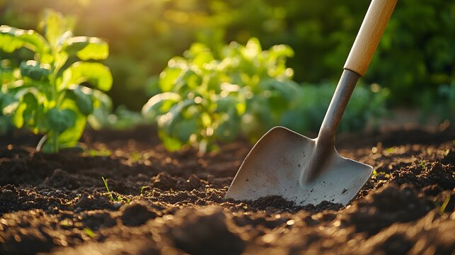 Shovel resting on a vegetable garden plot, soft evening light casting a warm glow, realistic textures of the shovel and soil with a blurred background of healthy vegetable plants, peaceful and