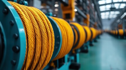 A high-tech production line displaying unwinding yellow cables, with impressive modern machinery, design symmetry, and vibrant industrial atmosphere.
