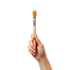 Hand holding a little paintbrush isolated on transparent background