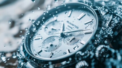 Silver luxury men's watch close up with water splash and water drops close up with space for text or inscriptions. Advertising or banner for a watch shop