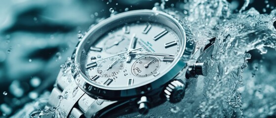 Silver luxury men's watch close up with water splash and water drops close up with space for text or inscriptions. Advertising or banner for a watch shop