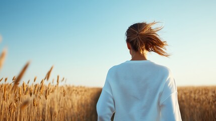 A solitary woman in a white outfit traverses a golden wheat field beneath a vast blue sky, symbolizing freedom and a connection to nature and tranquility.