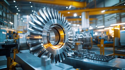 Close-up of wind turbine components being manufactured in a factory, bright white lighting emphasizing the precision of the machinery, detailed view of turbine parts and manufacturing processes, with