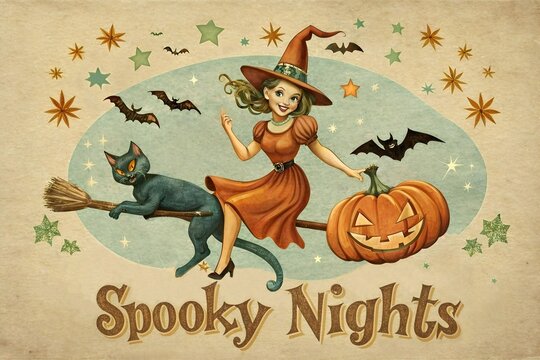 Vintage Halloween illustration in Old Hollywood style: woman in witch costume "flying" backwards on a broomstick through the sky with 3-legged cat and jack-o-lantern, caption: "Spooky Nights"