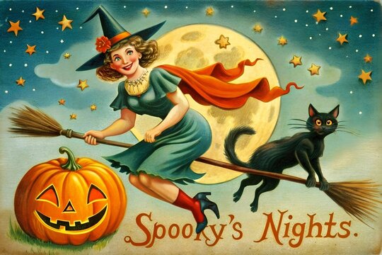 Vintage Halloween illustration in Old Hollywood style: a housewife in a witch costume "flies" on a double-sided broomstick across the sky from right to left with a cat, the inscription:"Spooky's Night