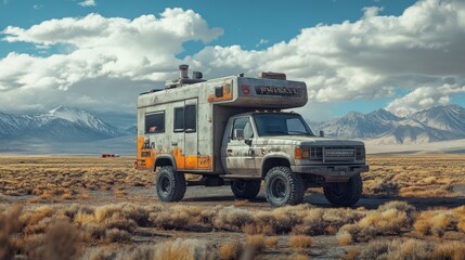 A rugged camper truck stands alone in a vast desert landscape beneath dramatic clouds, showcasing the beauty of the remote wilderness