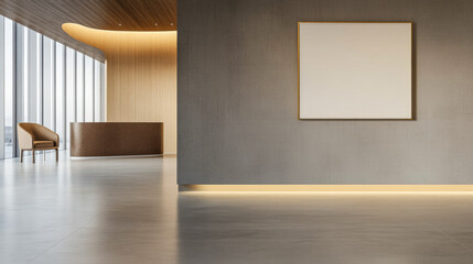 Modern minimalist interior design of a stylish reception area with soft lighting and art space