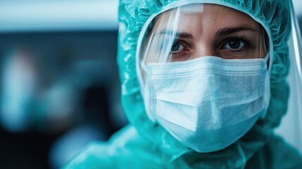 A healthcare worker wearing a personal protective equipment suit, including a face mask and mask shield, illustrating the dedication within medical professions.