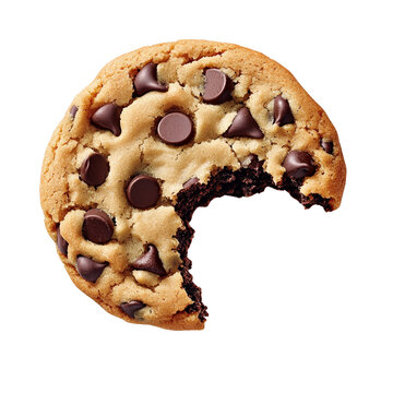 Delicious chocolate chip cookie with a bite taken out, white isolate background.