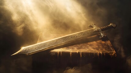 Sword with intricate runes resting on a vintage leather book, beams of mystical light breaking through a foggy setting, ornate details on the sword and book cover, magical and otherworldly ambiance,