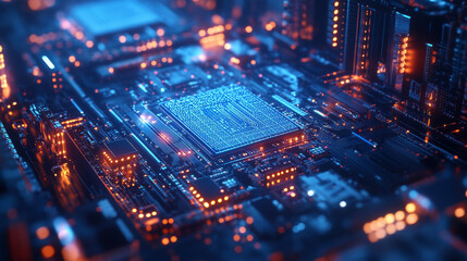 A futuristic microchip processor illuminated with lights against a blue background. This isometric banner highlights the concepts of quantum computing, large data processing, and central computer proc
