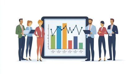 Fototapeta premium A diverse group of professionals analyzing data with charts and graphs on a digital tablet, showcasing teamwork and strategy.